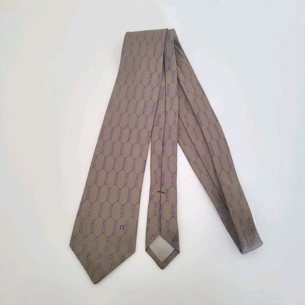 Celine Men's Neck Tie Made In Spain Designer Silk Gray Purple Geometric‎ Belts